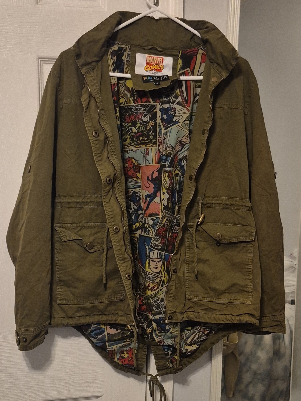 Marvel Olive Green Field Jacket with Comic-Print Lining